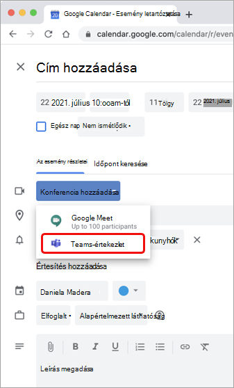 Teams-értekezlet kiválasztása