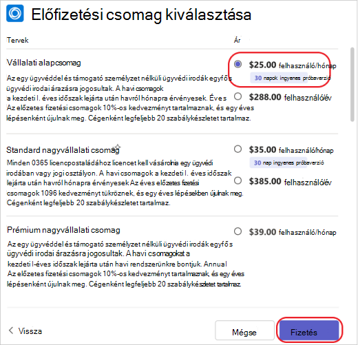 Előfizetési csomag kiválasztása egy alkalmazáshoz