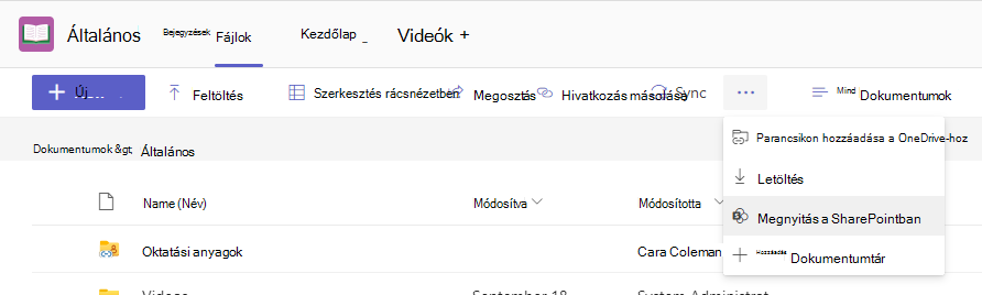 A Files lap menüje a kijelölt Megnyitás a SharePointban paranccsal