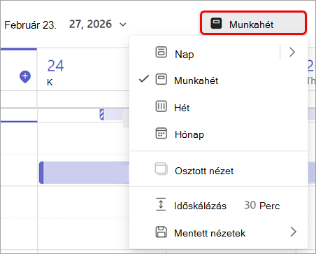 A Teams naptár munkaheti nézetét kiemelő képernyőkép.