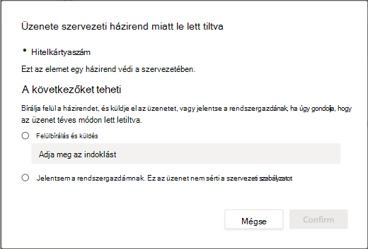 A szervezeti adatveszteség-megelőzési házirend felülbírálási beállításai