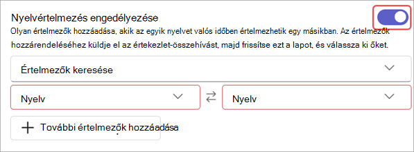 Képernyőkép a nyelvi tolmácsolás beállításairól az Értekezlet beállításai lapon.