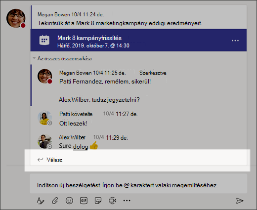 Válasz küldése egy beszélgetésre