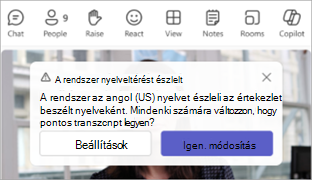 Képernyőkép egy Teams-értesítésről, amely az értekezletek beszélt nyelvének frissítését kéri.
