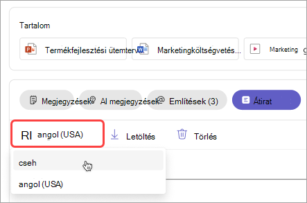 Képernyőkép az átirat nyelvének módosításáról az értekezlet összefoglalójában.
