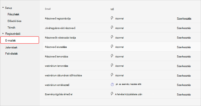 Képernyőkép a webinárium beállítási beállításainak kommunikáció lapjáról, webinárium e-mailjeivel