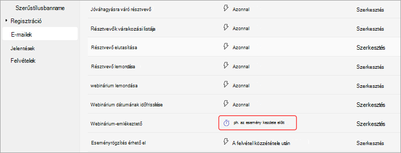 Képernyőkép a webinárium-emlékeztető e-mailek küldési idejének szerkesztéséről