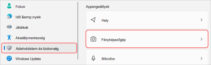A Windows beállításai a kiemelt kamera felhasználói felülettel.