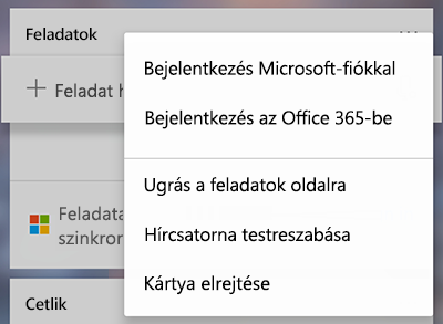 Képernyőkép a Bejelentkezés Microsoft-fiókkal vagy az Office 365-tel lehetőségről a további feladatok kártya egyebek menüjében