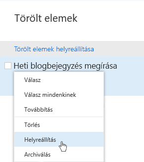 Képernyőkép a törölt elemek helyreállítására szolgáló menüről