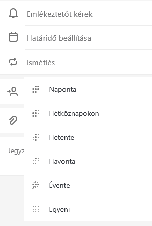 Bejelölve az „Ismétlődés” funkció a „Naponta”, „Hétköznapokon”, „Hetente”, „Havonta”, „Évente” és „Egyéni” választási lehetőségekkel