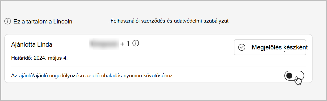 Képernyőkép egy tanfolyamon belül, amelyen engedélyezhet egy kapcsolót, hogy az ajánlók nyomon követhessék az előrehaladását az adott tanfolyamon.