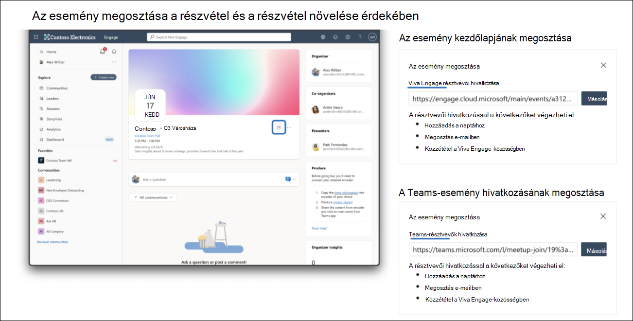 Az esemény hivatkozásának vagy az esemény kezdőlapjának megosztása