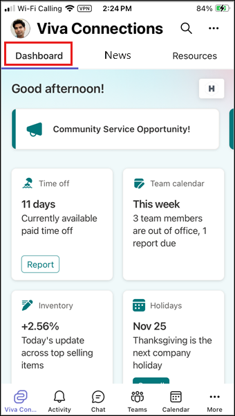 Screenshot of the Connections mobile dashboard with an announcement visible.