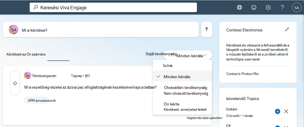 A megjelenített elemek szűréséhez válasszon a legördülő listából.