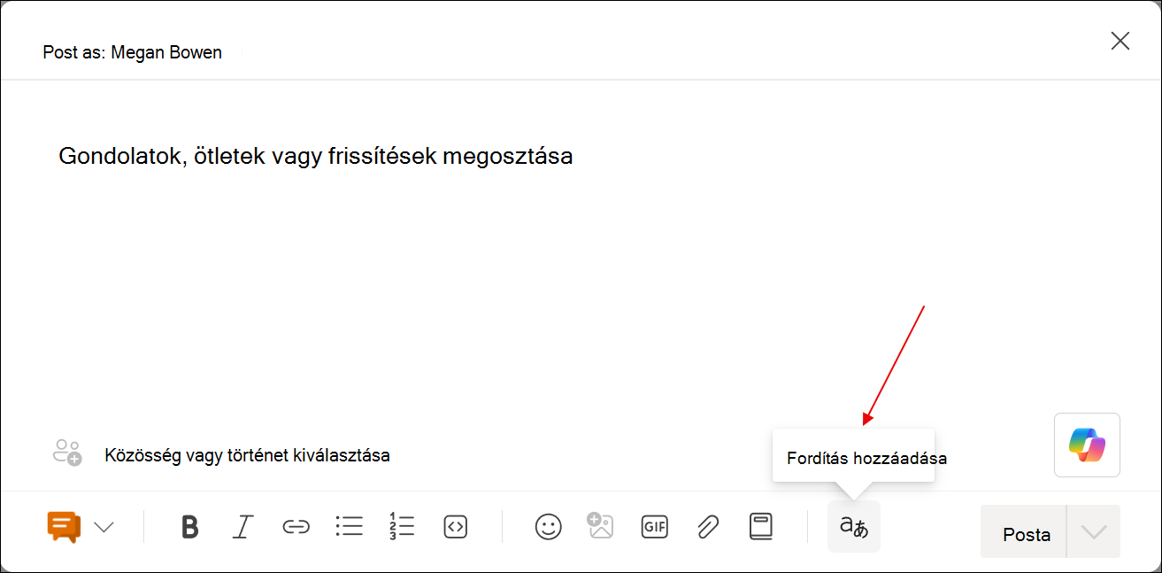 Képernyőkép a bejegyzésírási párbeszédpanelről a Fordítások hozzáadása eszközzel