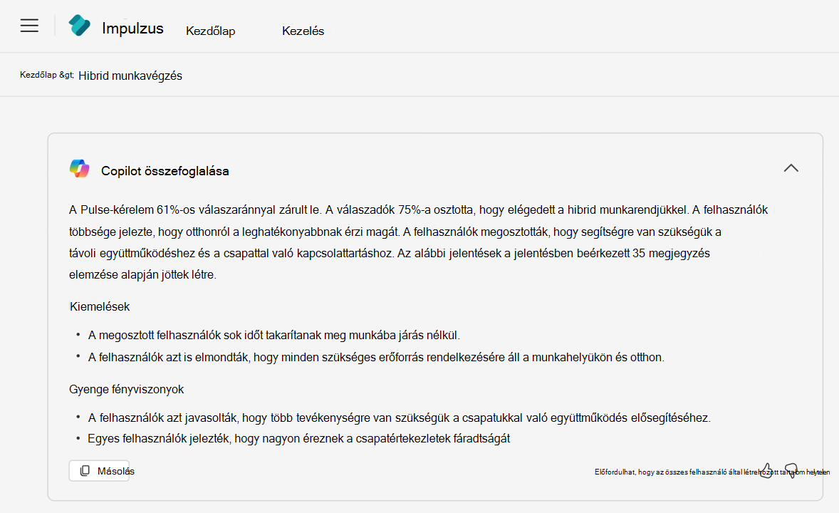 A Copilot által létrehozott összegzés egy Viva Pulse-jelentéshez
