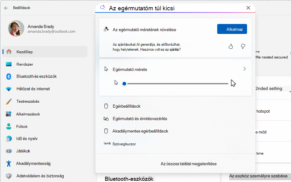 Képernyőkép a Beállításokról, amely egy ügynököt használó AI-alapú keresést mutat.