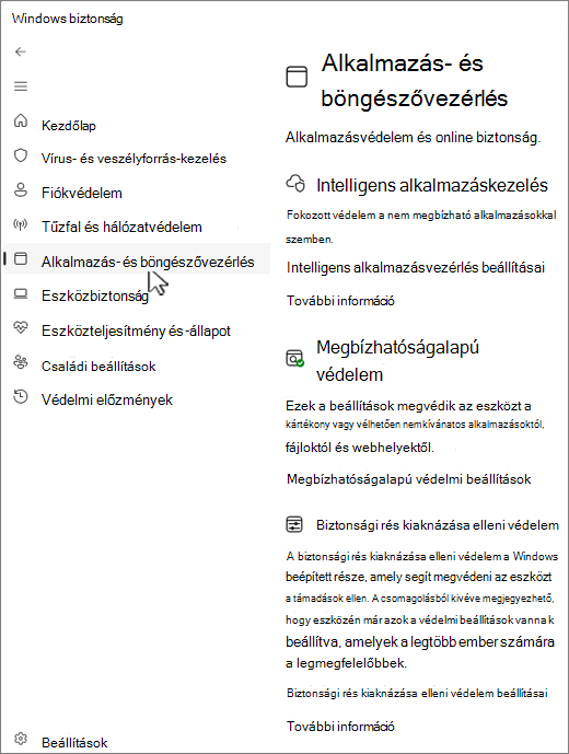Képernyőkép a Windows biztonság alkalmazás alkalmazás- és böngészővezérlő oldaláról.