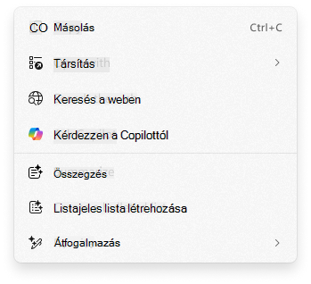 Képernyőkép a Műveletek kattintással helyi menüről a Copilot megkérdezése lehetőséggel