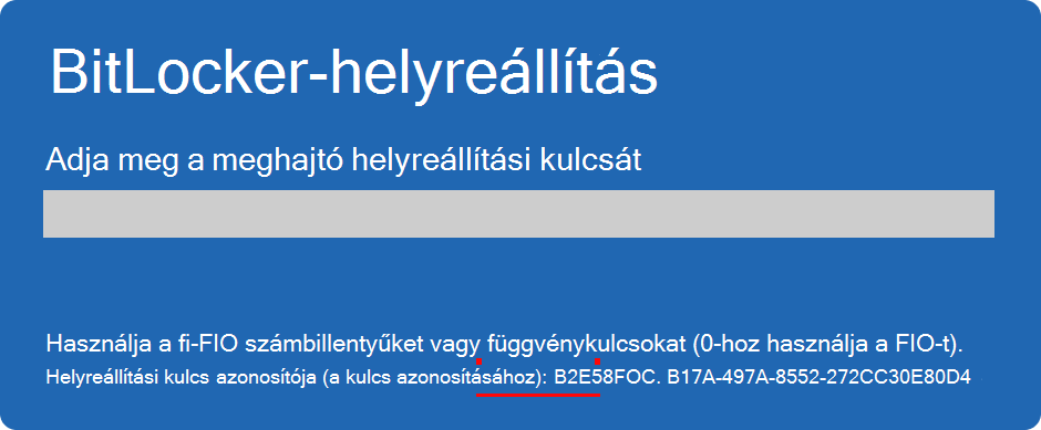 Képernyőkép a BitLocker helyreállítási képernyőjéről, amelyen ki van emelve a kulcsazonosító.