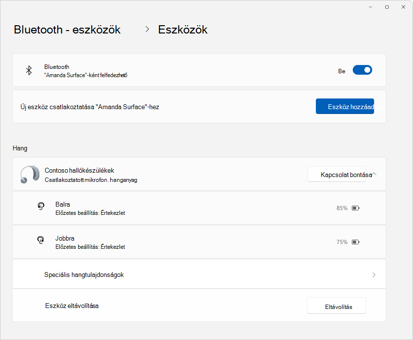 Képernyőkép a Bluetooth-& Gépházról > , amelyen a hallókészülékek részletei láthatók.