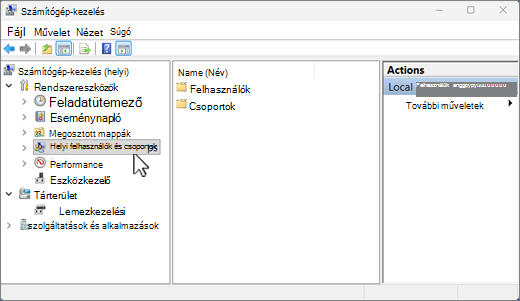 A Számítógép-kezelés képernyő a Windows 11-ben, a Helyi felhasználók és csoportok kiemelve.