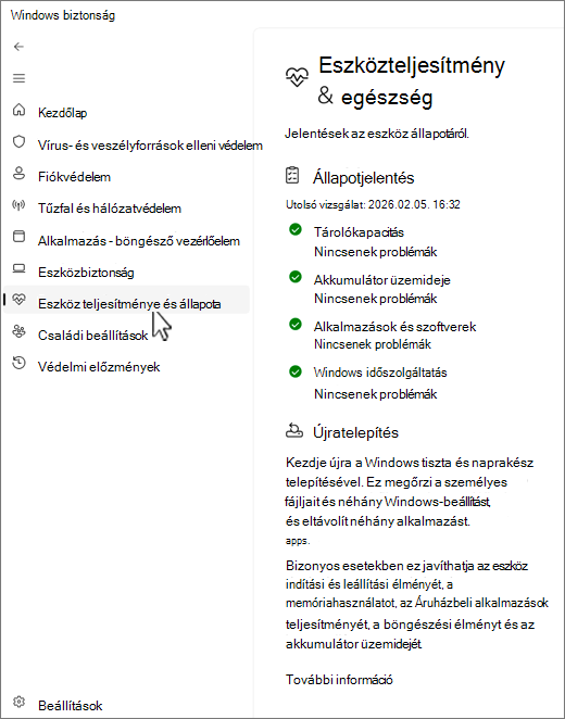 Képernyőkép a Windows biztonság alkalmazás eszköz és teljesítmény lapjáról.