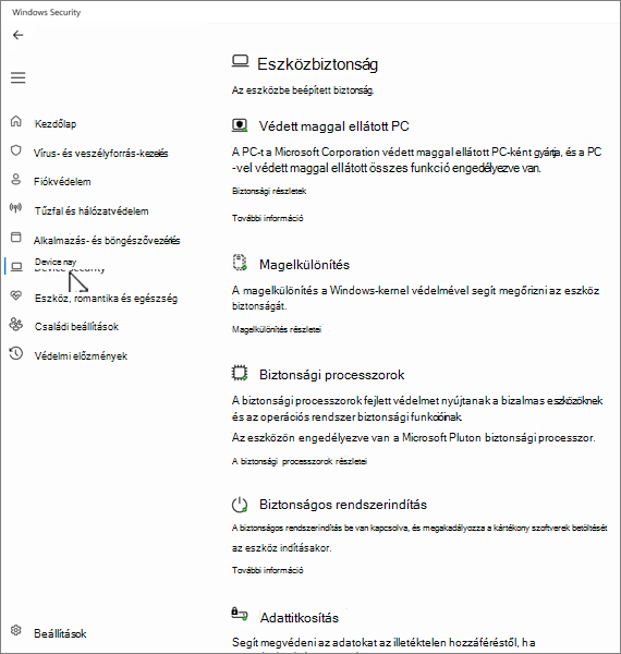 Képernyőkép az eszköz biztonsági képernyőjéről a Windows biztonság alkalmazásban.