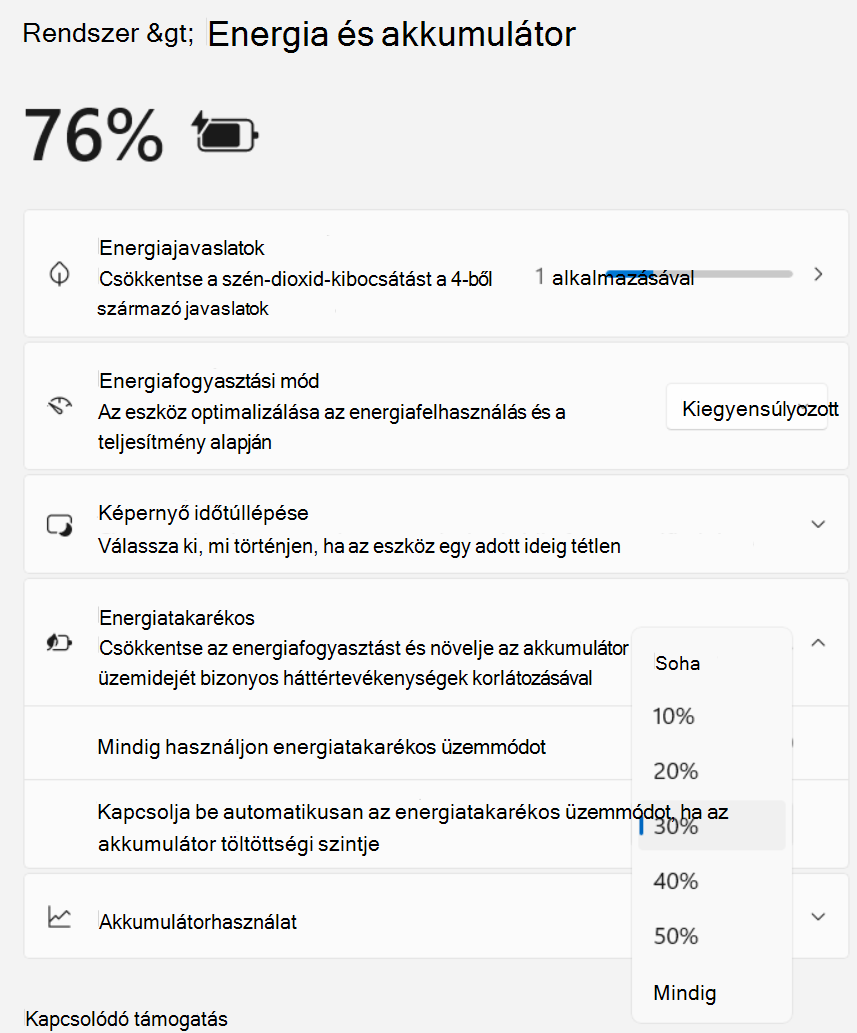 Képernyőkép a Gépházról > : Rendszerteljesítmény > és akkumulátor > Energiatakarékos üzemmód