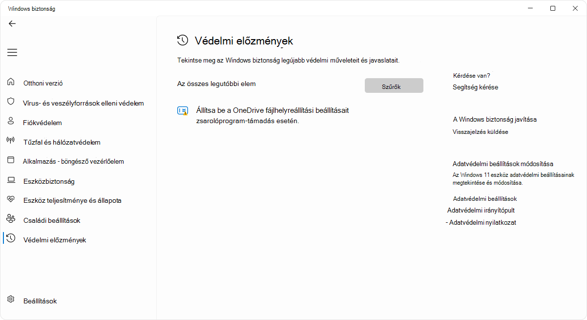 Képernyőkép a Windows biztonság alkalmazás védelmi előzmények lapjáról.