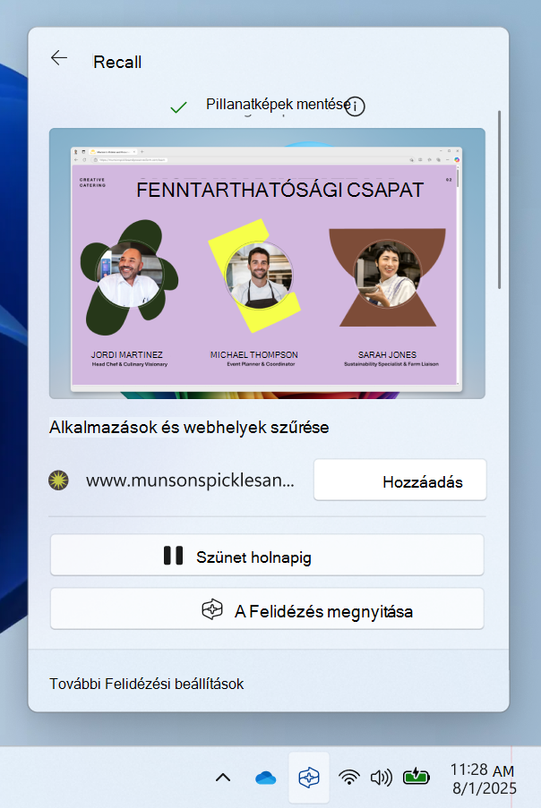 Képernyőkép a gyorsbeállításokról a Felidézés rendszertálcaikonján