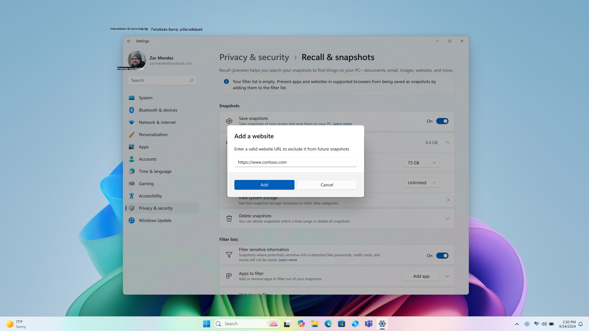 Képernyőkép egy érvényes webhely hozzáadásáról a Felidézés szűrőjéhez.