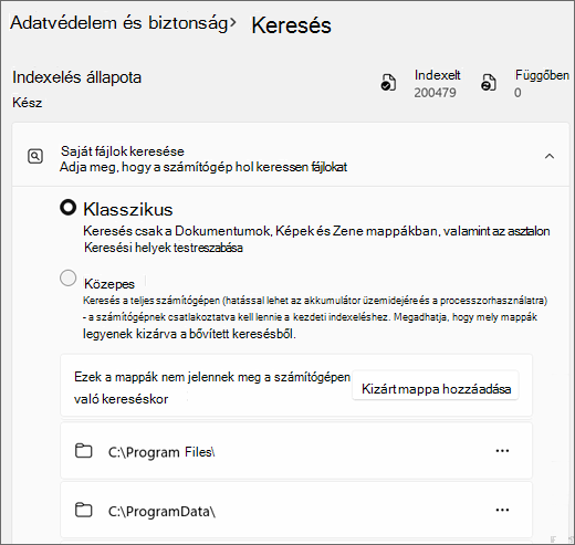 Képernyőkép a Windows Search beállításairól.