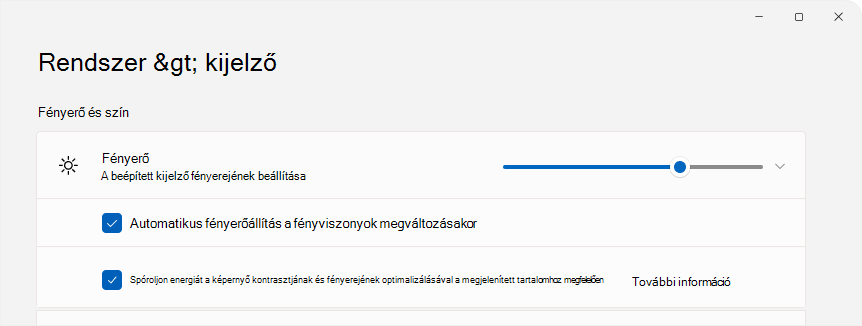 a fényerő-vezérlést megjelenítő beállítások képernyőképe.