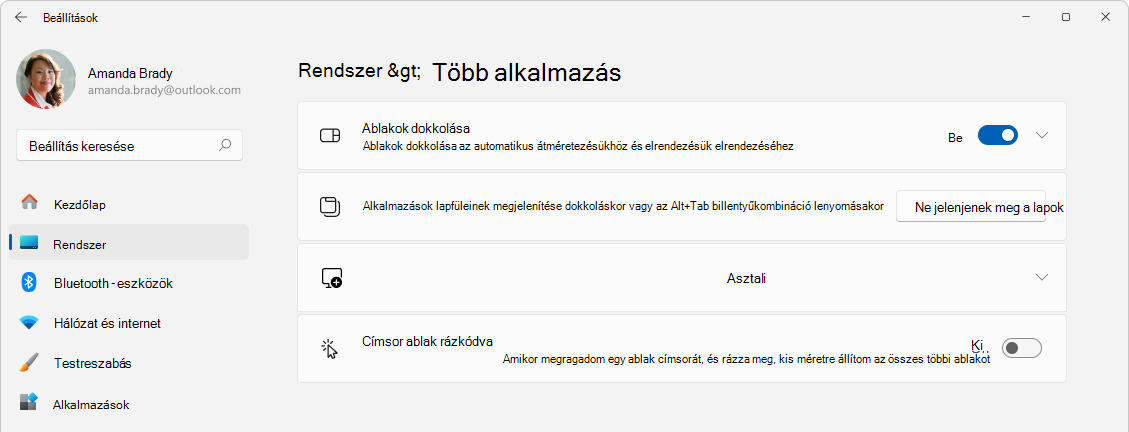 Screenshot of Settings > System > Multitasking.