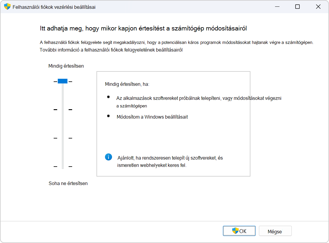 Screenshot of the settings to configure UAC.