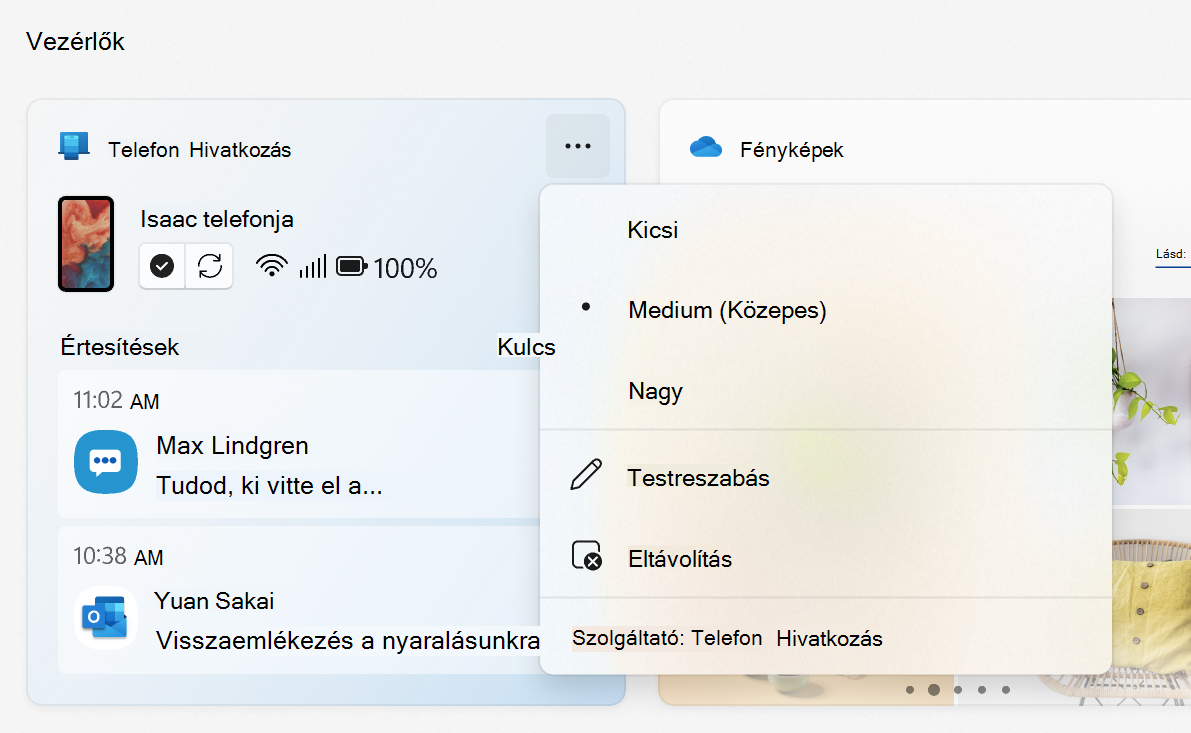 A Telefon-kapcsolat widget menüje, amely a méretet, a testreszabást, az eltávolítást és a Powered by Telefon-kapcsolat opciókat jeleníti meg.