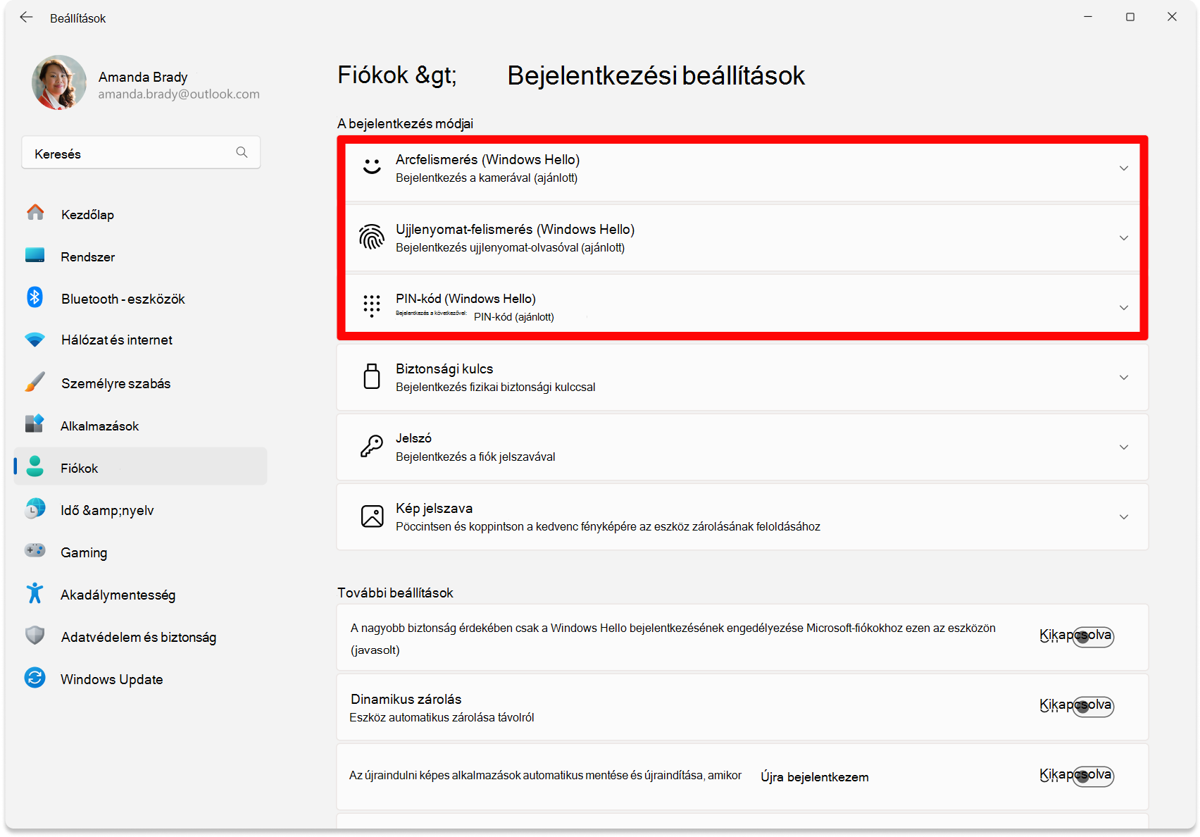 Screenshot of Settings - Options to configure Windows Hello.