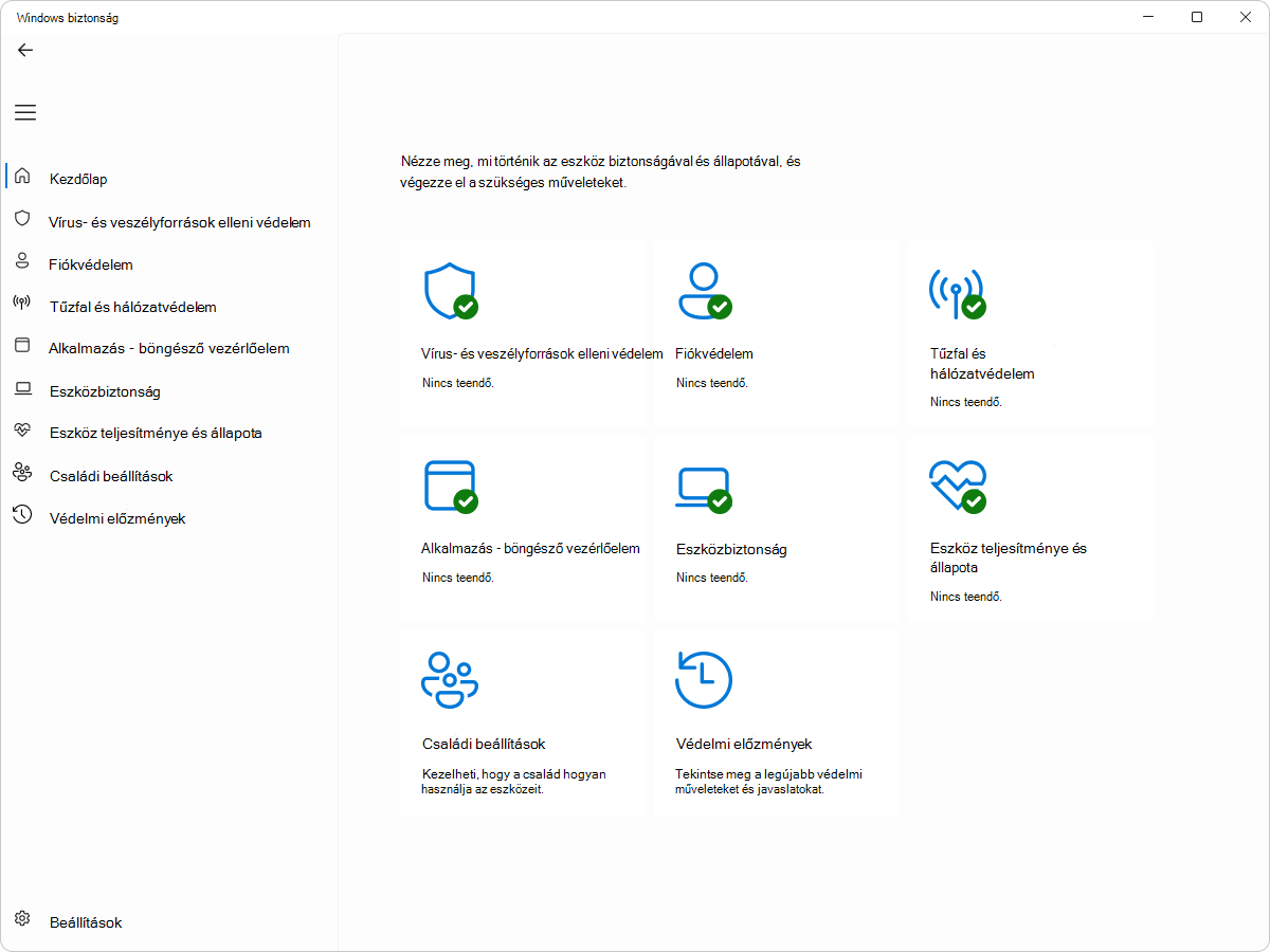 Képernyőkép a Windows biztonság kezdőlapjáról.