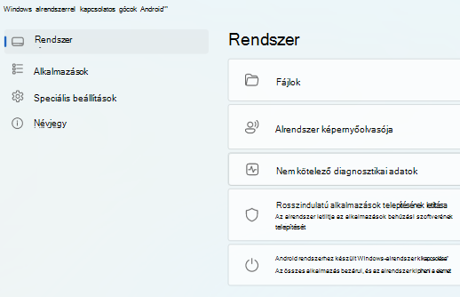 Az Android rendszerhez készült Windows-alrendszer (TM) főoldala.