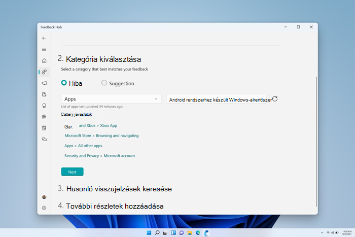 Képernyőkép a Visszajelzési központ ablakáról, amelyben az Alkalmazások kategória, majd az Android Windows-alrendszer van kiválasztva alkategóriaként.