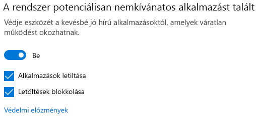 A vélhetően nemkívánatos alkalmazások letiltása a Windows 10-ben.