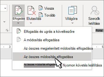 Legördülő lista a Minden módosítás elfogadása lehetőséggel a Word-ben