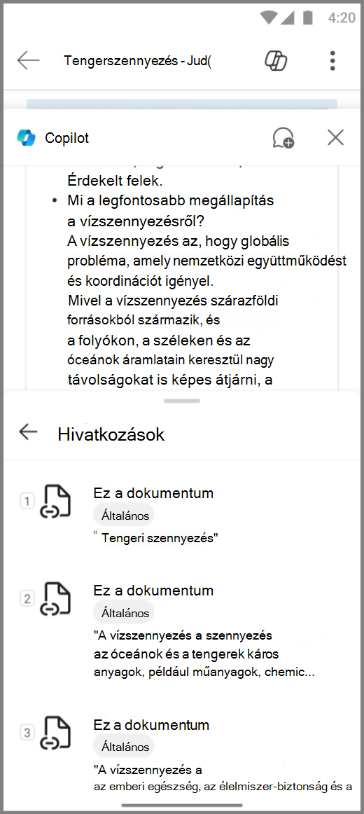 Képernyőkép a Copilot a Word-ben Android-eszközön a Copilots-válaszra adott hivatkozásokkal