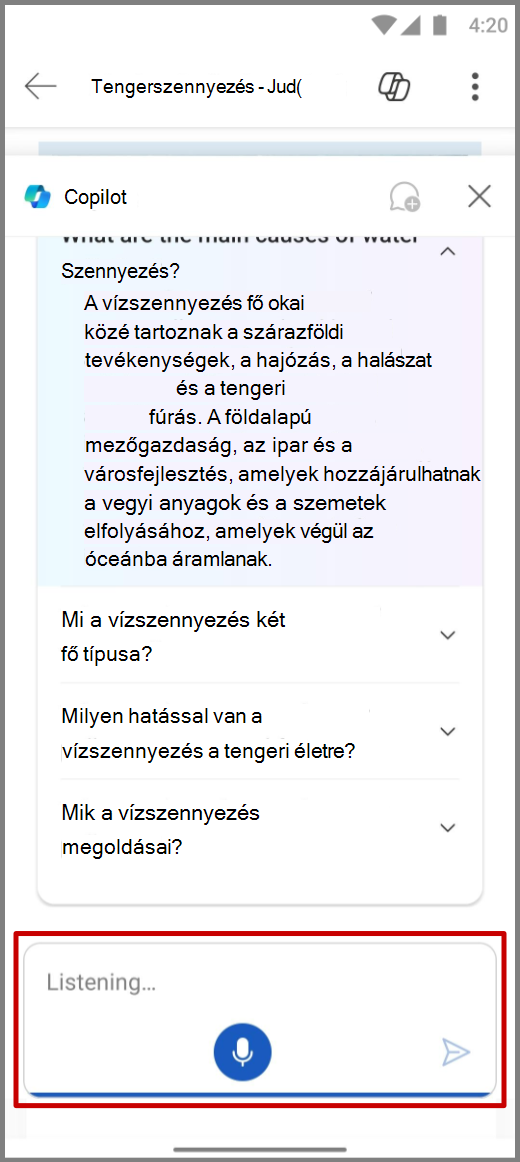 Képernyőkép a Word Copilotról Android-eszközön, hangbemenet használatával a levélírás mezőben