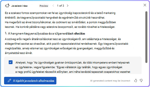 A kijelölt javaslatok alkalmazása a Copilotban a Word-ben
