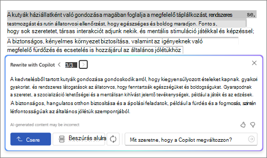 Képernyőkép a Word Copilotról szövegátírási javaslatokkal és beállításokkal