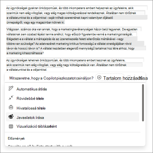 Írási javaslatok lehetősége a Copilotban a Word-ben