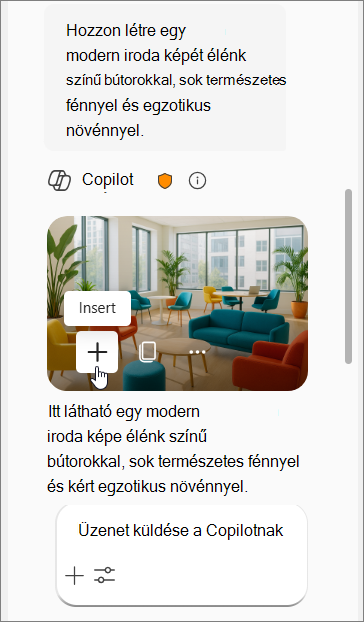 Egy Copilot-parancs megjelenítése egy modern irodát ábrázoló képre színes bútorokkal, természetes fénnyel és egzotikus növényekkel. Ezt négy kép követi.